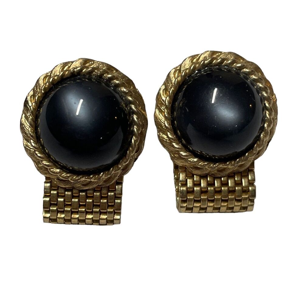 Vintage Gold Tone Black Cabochon Mesh Wrap Cuff links